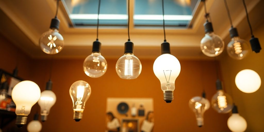 Different brightly lit bulbs for home lighting options.