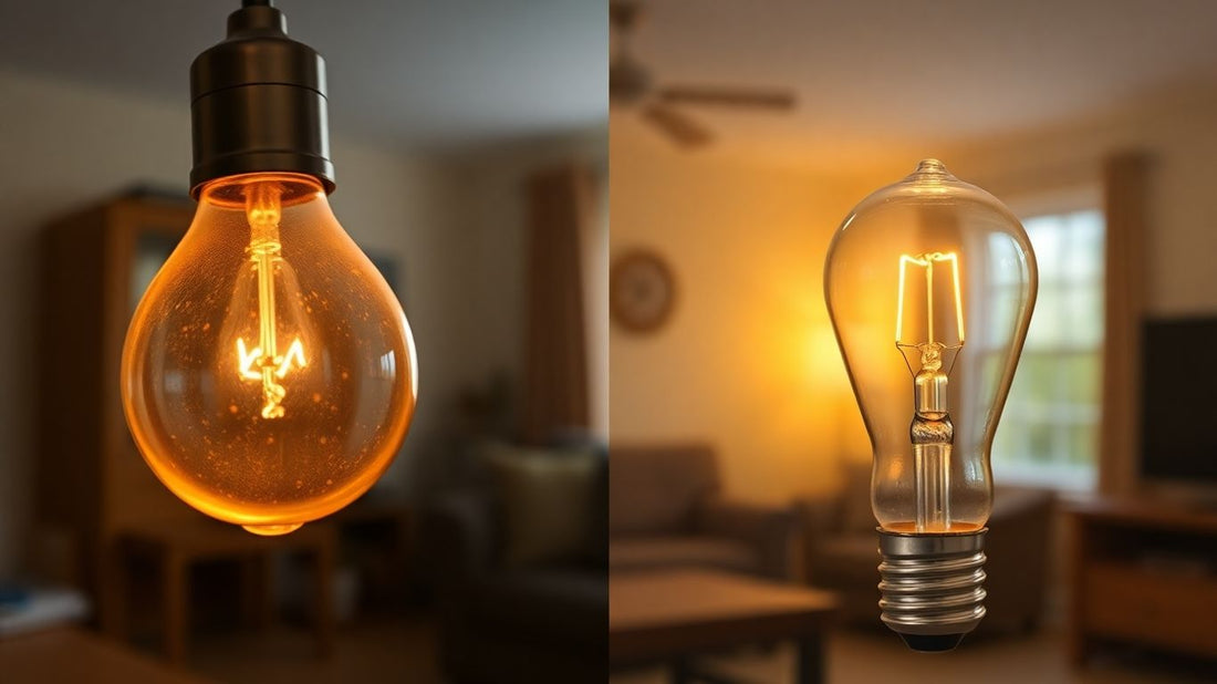 Halogen vs LED bulb comparison in a UK home setting.