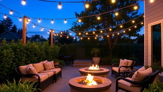 Warmly lit patio with string lights and fire pit.