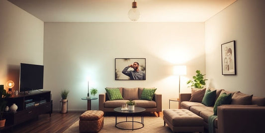 Modern living room with cool LED light bulbs.