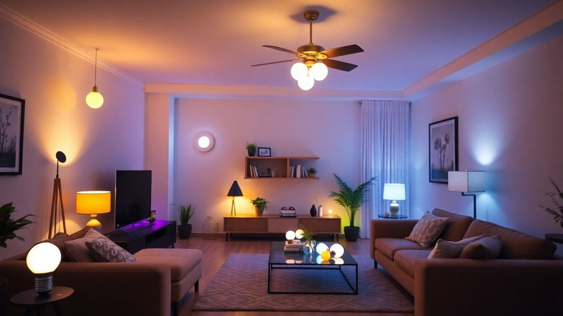 Smart light bulbs illuminating a modern living room with colourful light.