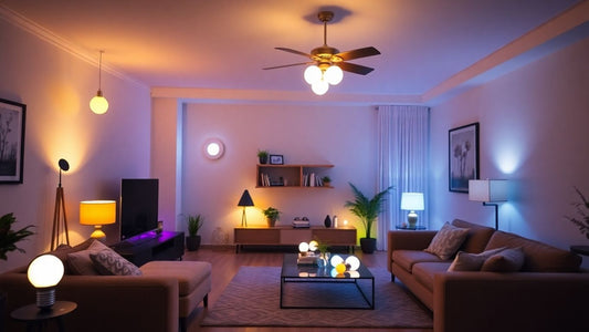 Smart light bulbs illuminating a modern living room with colourful light.