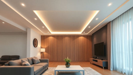Modern living room with bright LED ceiling lights.