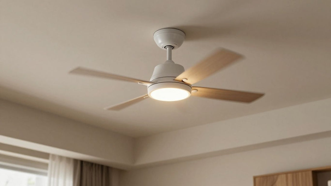 Stylish ceiling fan with lights in a modern living room.