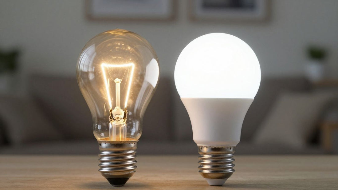 Halogen bulb versus LED bulb comparison.