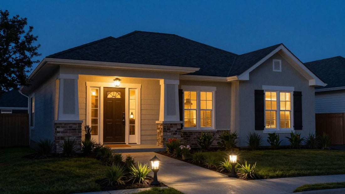 House exterior lit up at night
