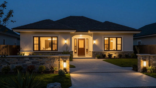 Stylish exterior home lighting at dusk.