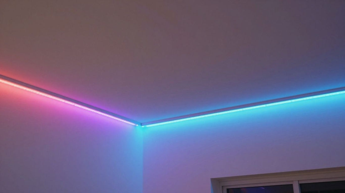 Ceiling with colourful LED strip lights.