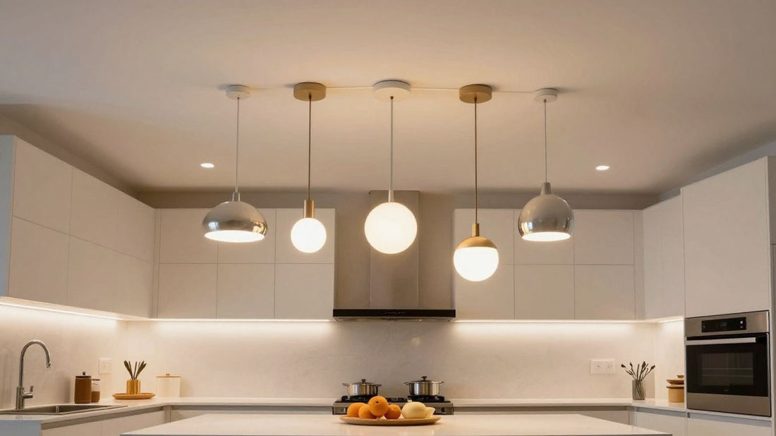 Modern kitchen ceiling lights: pendants and recessed fixtures.