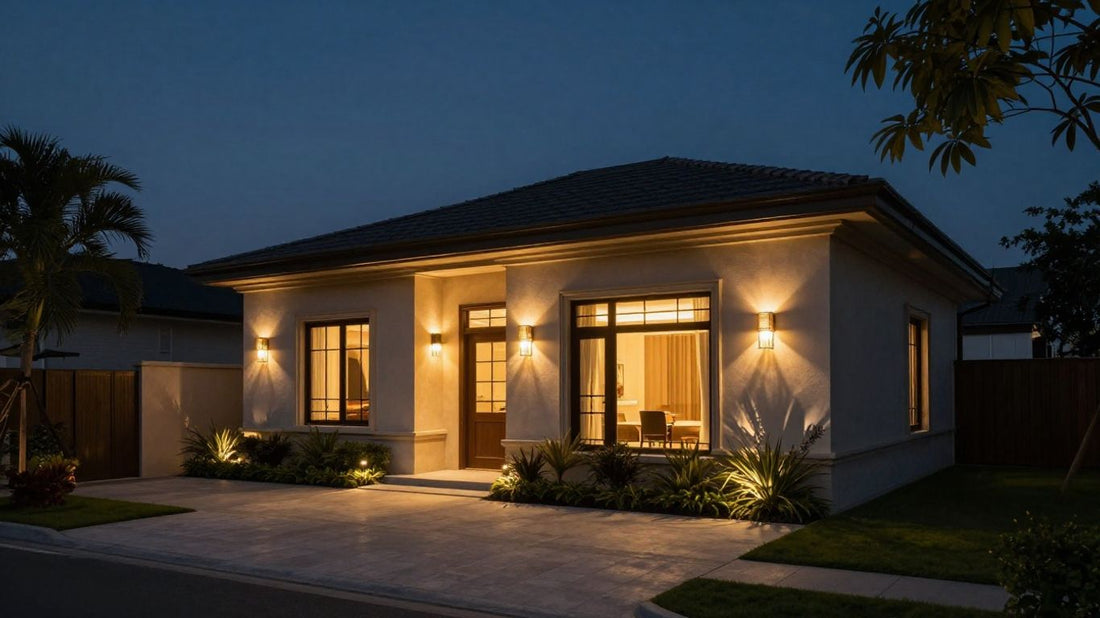 Stylish exterior lighting illuminating a modern home at dusk.