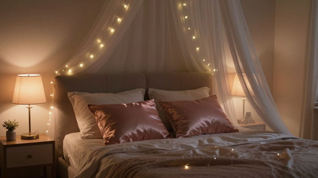 Romantic bedroom with soft, warm lighting and plush furnishings.