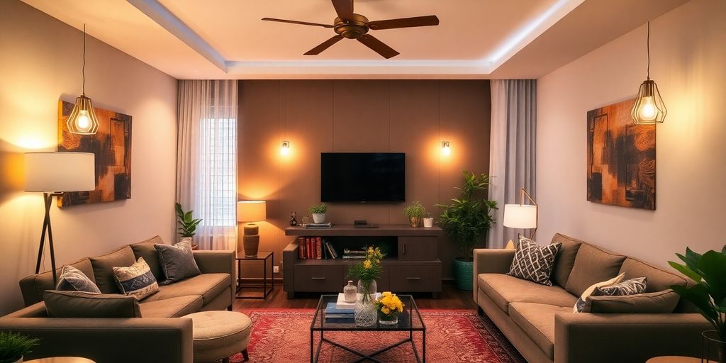Cozy living room with warm LED lighting and decor.