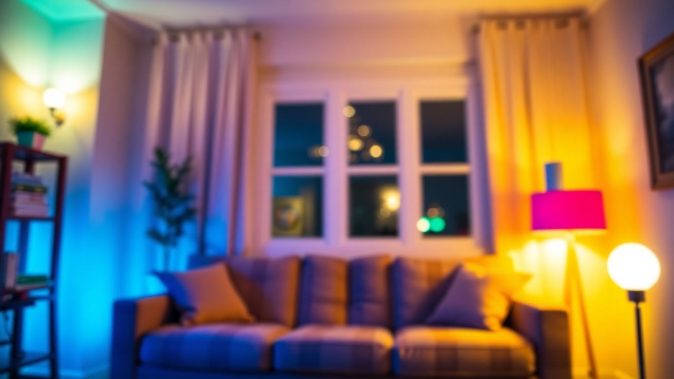 Living room illuminated by colourful smart Zigbee lights.