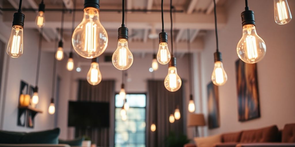 Bright room with long light bulbs illuminating the space.