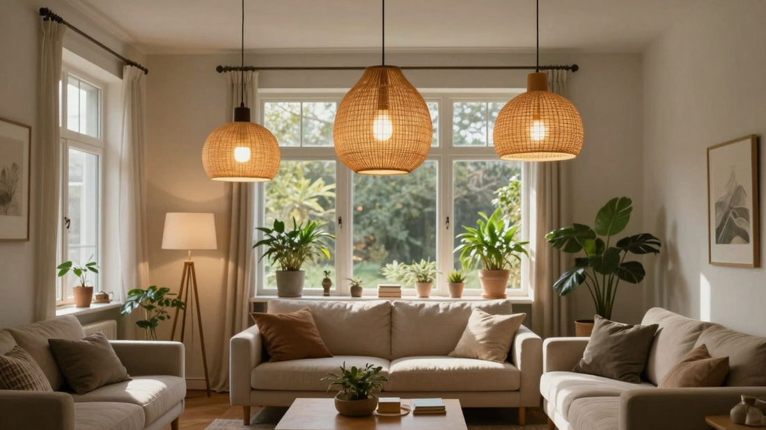 Warmly lit living room with stylish lamps and sunlight.