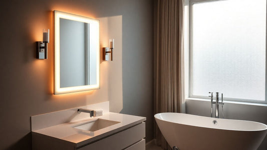 Modern bathroom with ambient lighting and elegant fixtures.