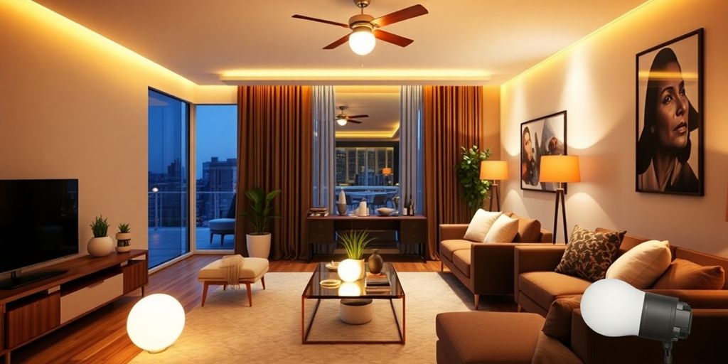 Dimmable LED daylight bulbs in a modern living room.