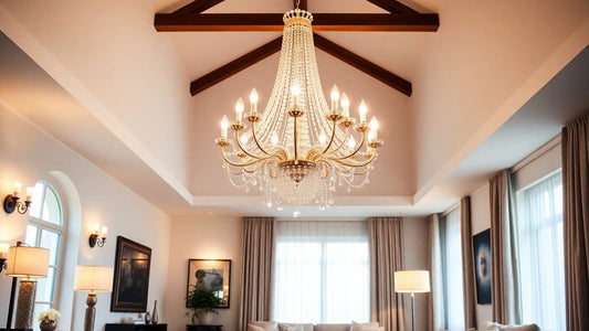 Modern chandelier illuminating a stylish living room.