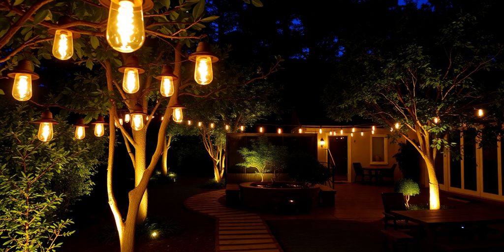 Outdoor lanterns glowing softly in a serene garden.