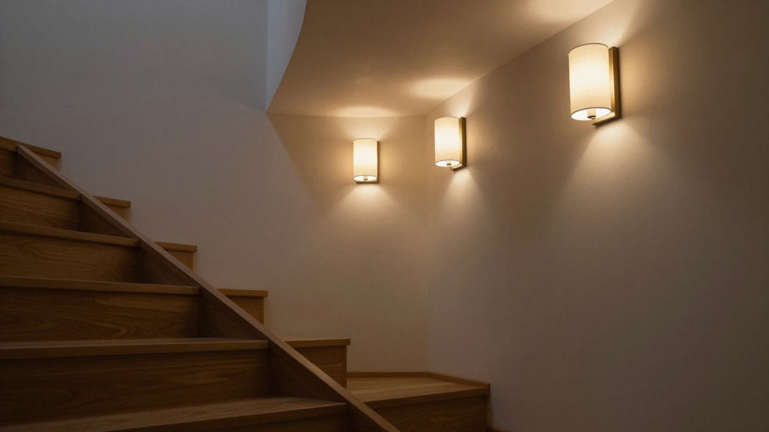 Illuminated indoor staircase with modern lighting fixtures.