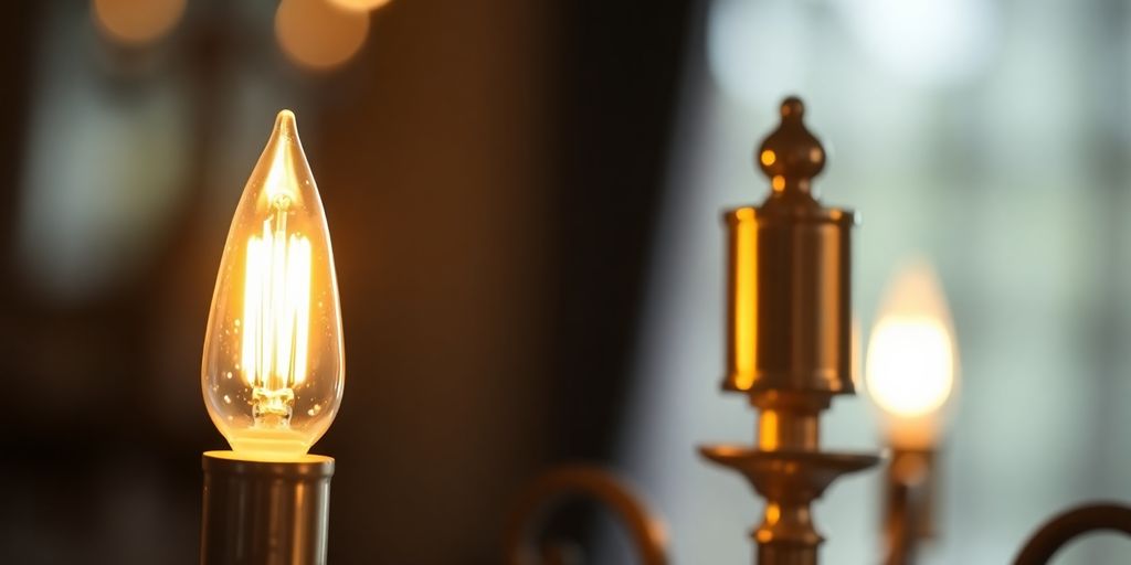 Glowing candelabra bulb in a cozy interior setting.