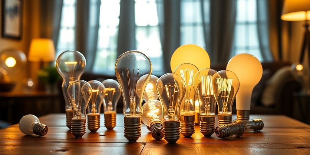 Various lamp bulbs on a table in a cozy setting.