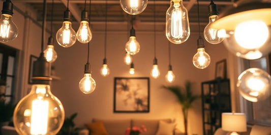 Living room filled with various light bulbs and lighting.