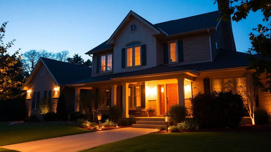 House exterior lit up at night.