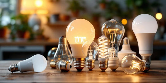 Variety of light bulbs on a wooden surface.