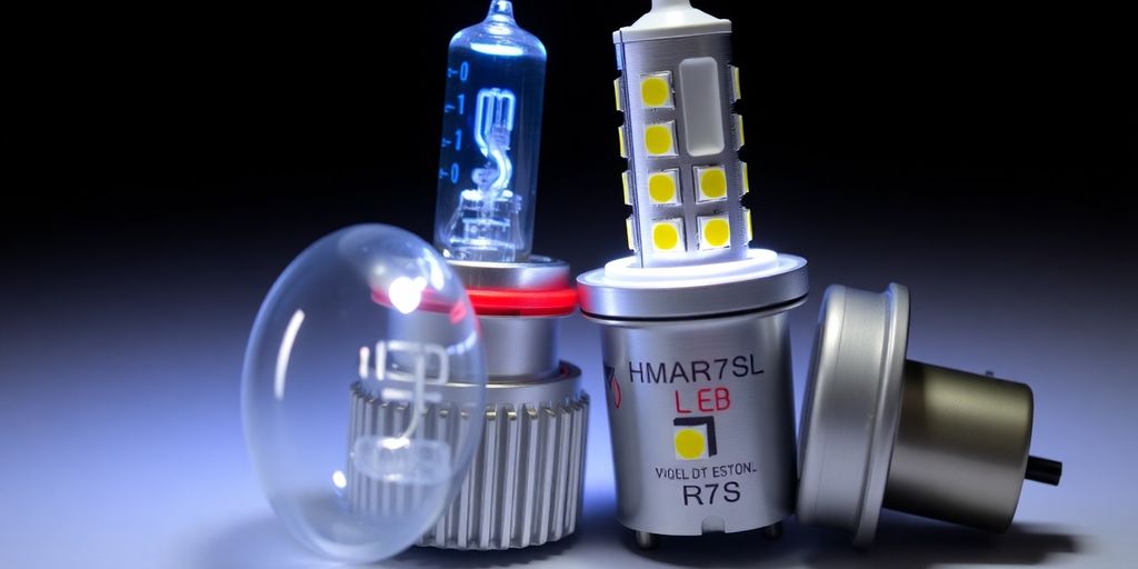 R7S halogen bulb and LED replacement side by side.