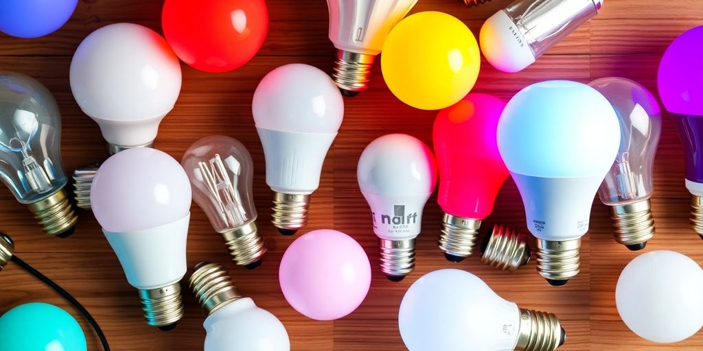 Colourful LED light bulbs on a wooden surface.