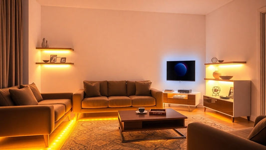 Living room with furniture LED lights creating warm ambiance.