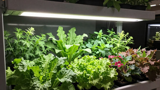 Indoor garden with bright LED grow lights.