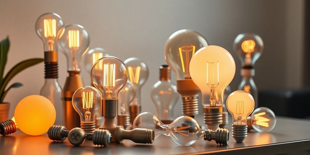 Variety of light bulbs on a stylish table.