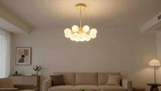 Stylish pendant light fixture hanging from ceiling.
