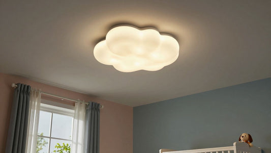 Whimsical cloud ceiling light in a bright nursery room.