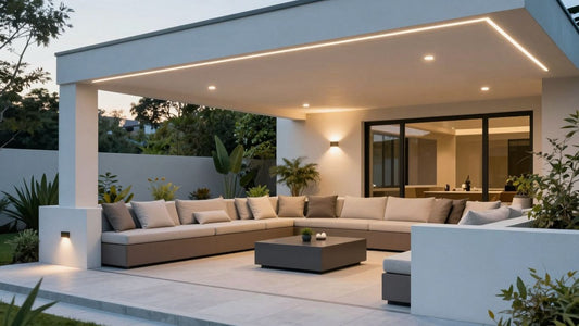 Modern outdoor patio with sleek top lighting.