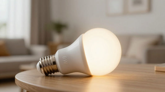 Glowing 8w LED bulb in a bright home.