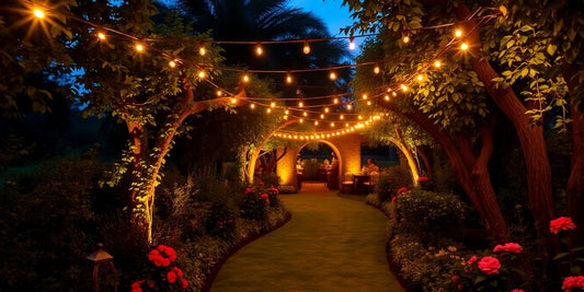 Magical garden illuminated by string lights at dusk.