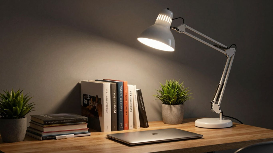 Clip-on desk lamp illuminating a workspace.