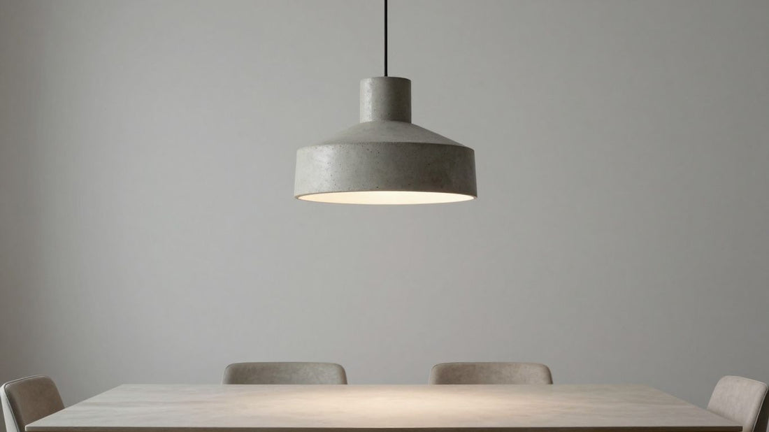 Modern concrete pendant light fixture illuminating a dining space.