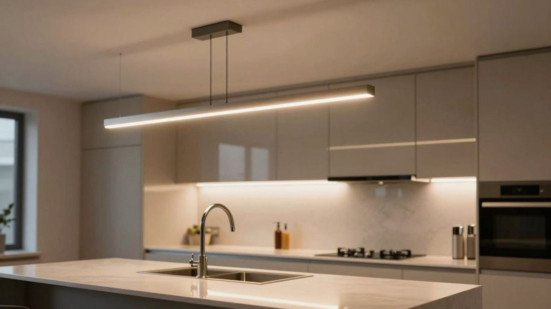 Stylish modern kitchen ceiling lights illuminating a sleek kitchen.