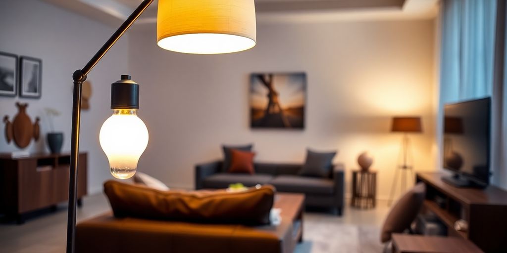 Modern lamp with smart bulb in stylish living room.