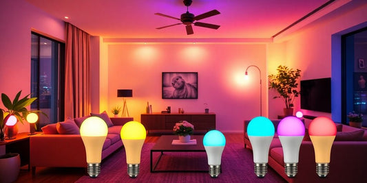 Living room with colourful ES smart bulbs illuminating the space.