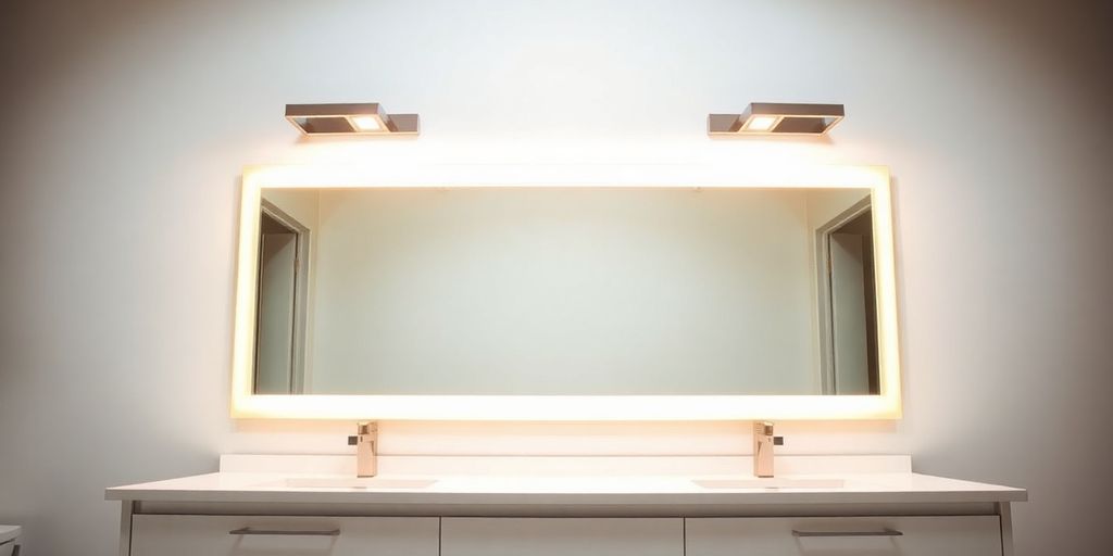 Illuminated bathroom mirror with stylish light fixtures.