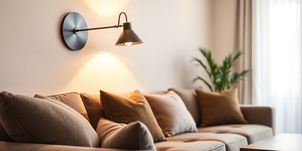Modern wall lamp illuminating a cosy UK living room.