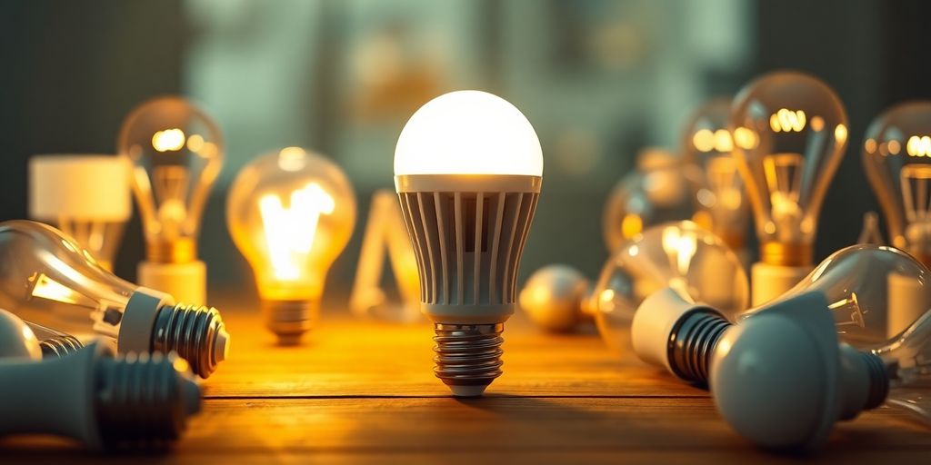 Modern LED light bulbs on a wooden surface, glowing warmly.