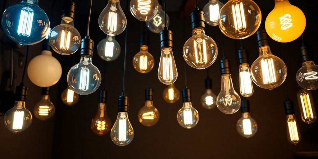 A variety of glowing electric light bulbs in a room.