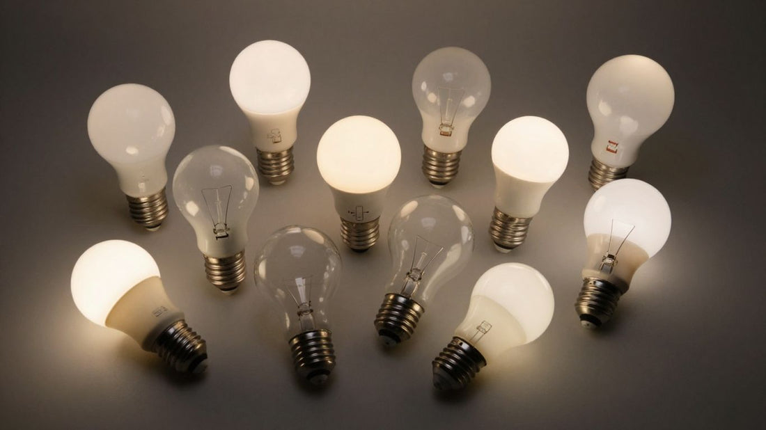 Various light bulbs on a neutral background.