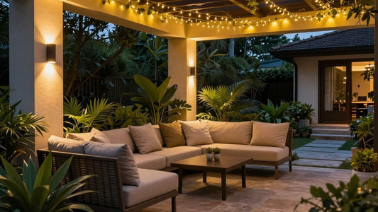 Stylish outdoor lighting illuminating a patio at dusk.